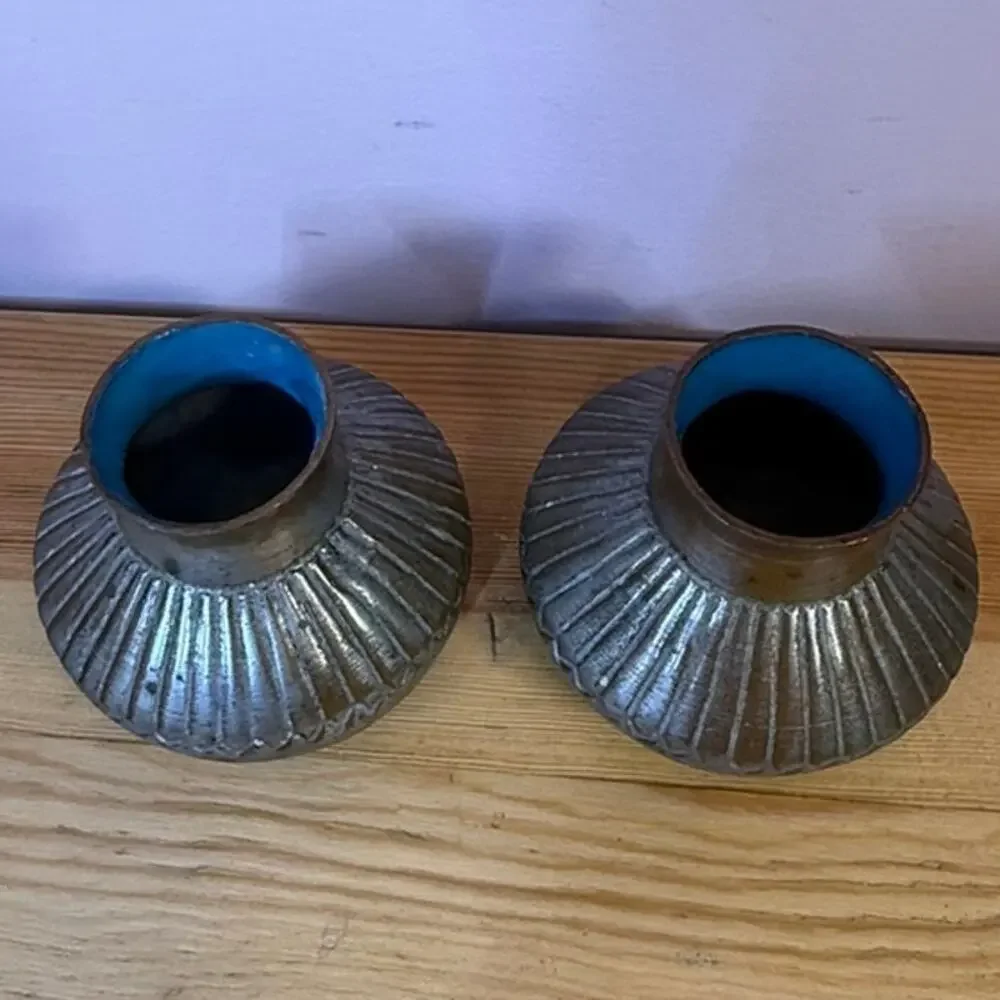 Vintage Pair Small Ribbed Metal Bud Vases Blue Enamel Interior China